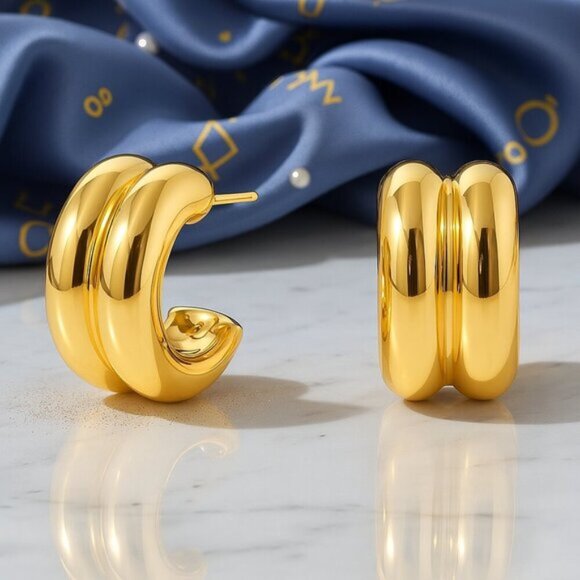 🆕Chunky Dome C-Hoop Earrings 18K Gold Plated Stainless Steel Modern Trendy - Picture 4 of 11